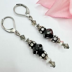 Vintage Cut Black Crystal Beaded Leverback Dangle Earrings Rhinestone Rondelles